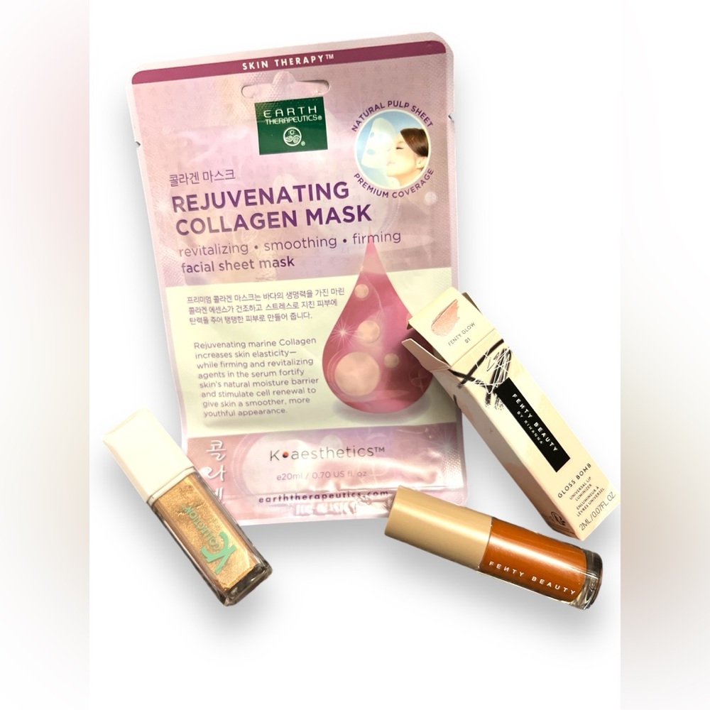 Makeup Bundle Fenty Glow Gloss Bomb, Creamsicle Highlighter, Collagen Mask